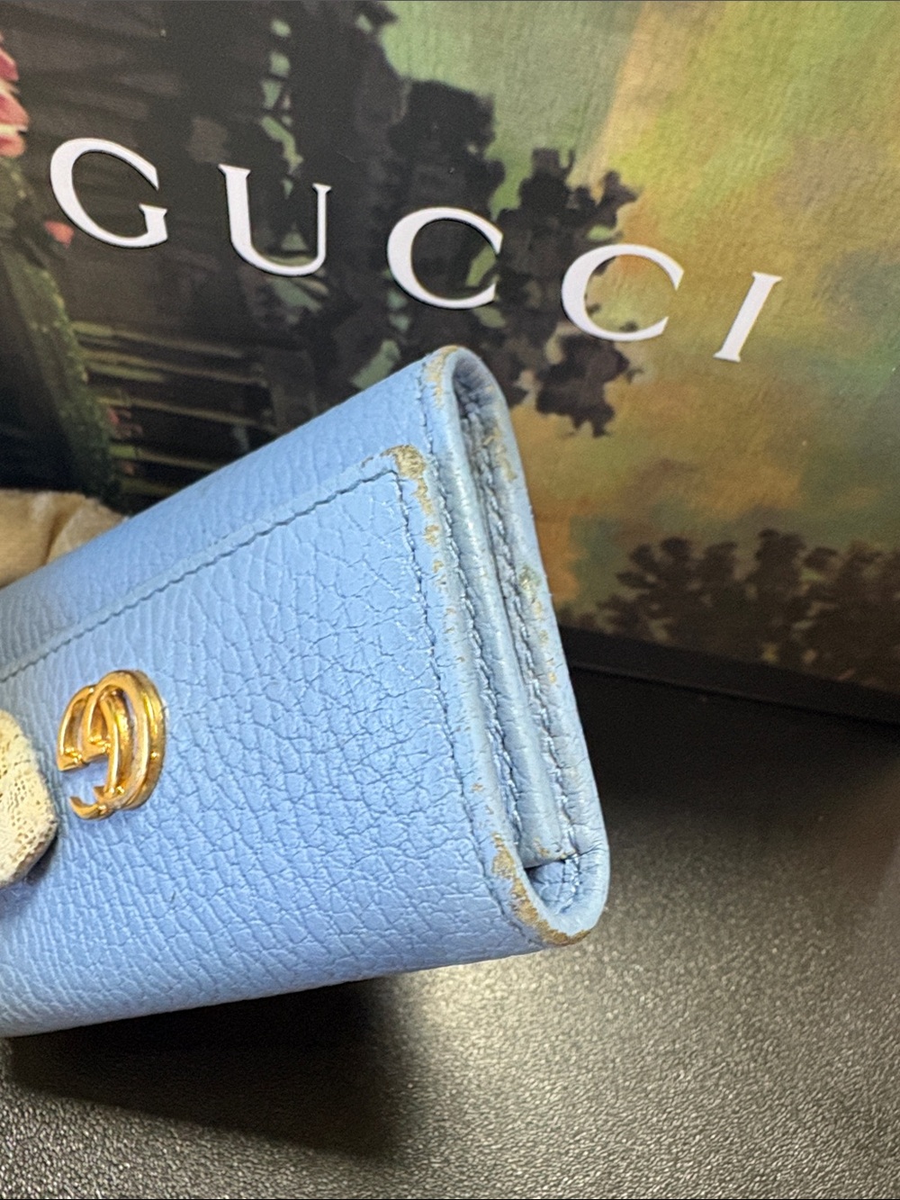 Gucci💙SkyBlue Pebbled Leather Key-holder Wallet W/Double G Gold -GUC - Picture 8 of 12